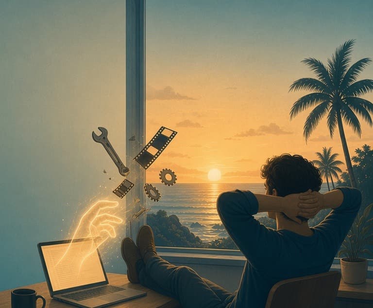 A developer leans back with his feet up by a sunset window while a glowing hand reaches out of his laptop to build tools.